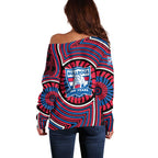 Western Bulldogs Off Shoulder Sweater Indigenous Monochrome Dot Art Mascot Style