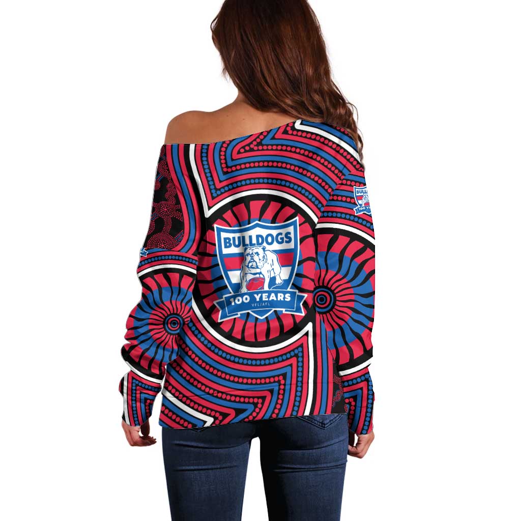 Western Bulldogs Off Shoulder Sweater Indigenous Monochrome Dot Art Mascot Style