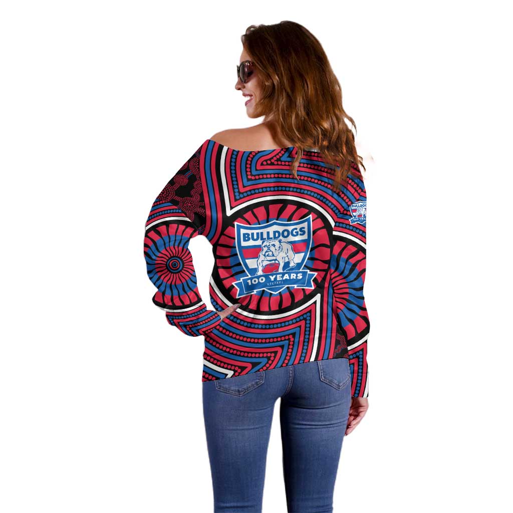 Western Bulldogs Off Shoulder Sweater Indigenous Monochrome Dot Art Mascot Style
