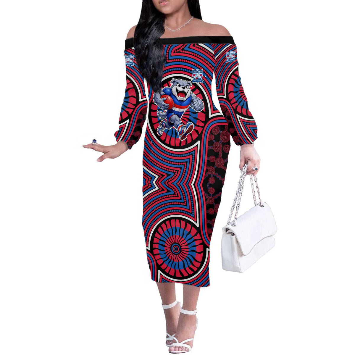 Western Bulldogs Off The Shoulder Long Sleeve Dress Indigenous Monochrome Dot Art Mascot Style