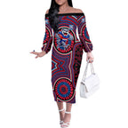 Western Bulldogs Off The Shoulder Long Sleeve Dress Indigenous Monochrome Dot Art Mascot Style