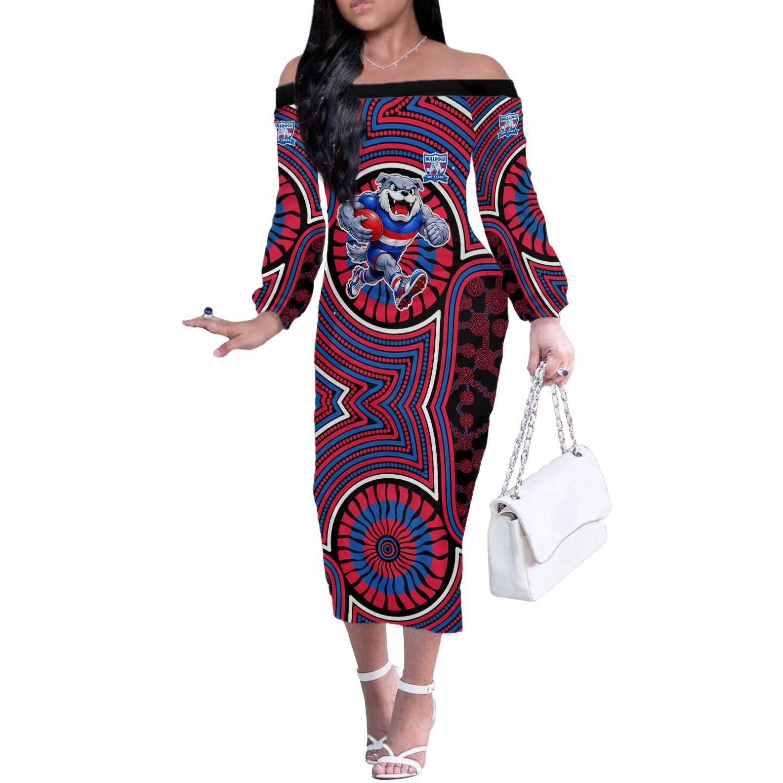 Western Bulldogs Off The Shoulder Long Sleeve Dress Indigenous Monochrome Dot Art Mascot Style