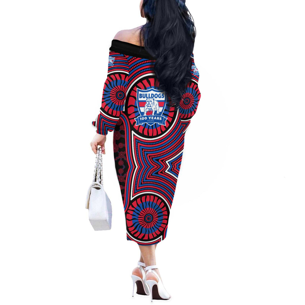 Western Bulldogs Off The Shoulder Long Sleeve Dress Indigenous Monochrome Dot Art Mascot Style