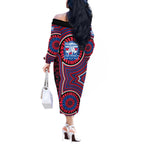Western Bulldogs Off The Shoulder Long Sleeve Dress Indigenous Monochrome Dot Art Mascot Style