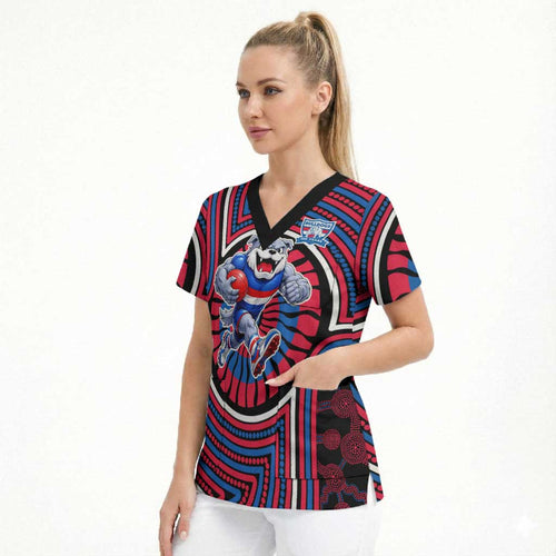 Western Bulldogs Scrub Top Indigenous Monochrome Dot Art Mascot Style