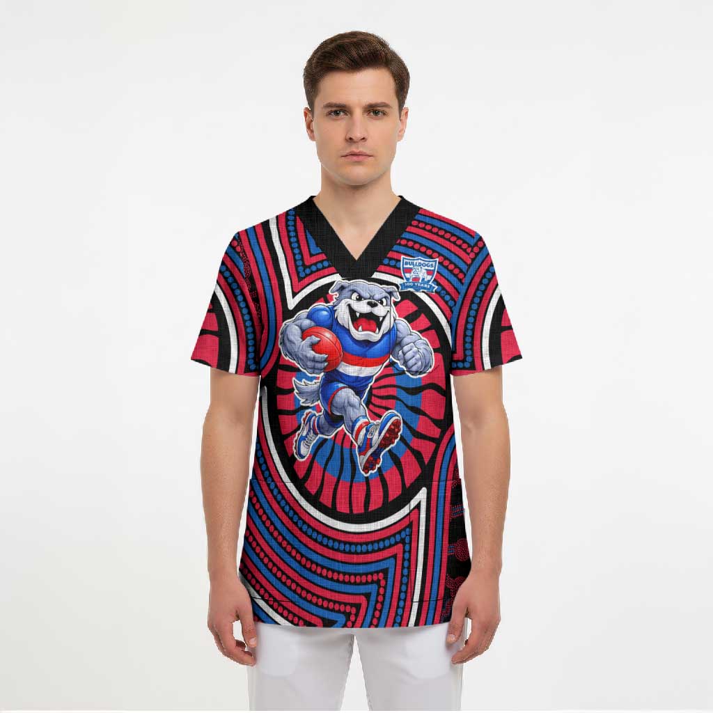 Western Bulldogs Scrub Top Indigenous Monochrome Dot Art Mascot Style