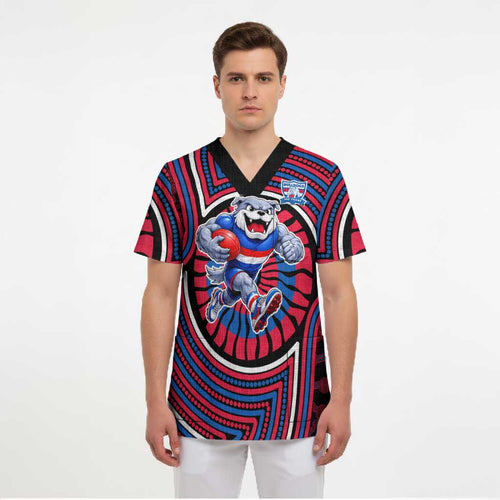 Western Bulldogs Scrub Top Indigenous Monochrome Dot Art Mascot Style