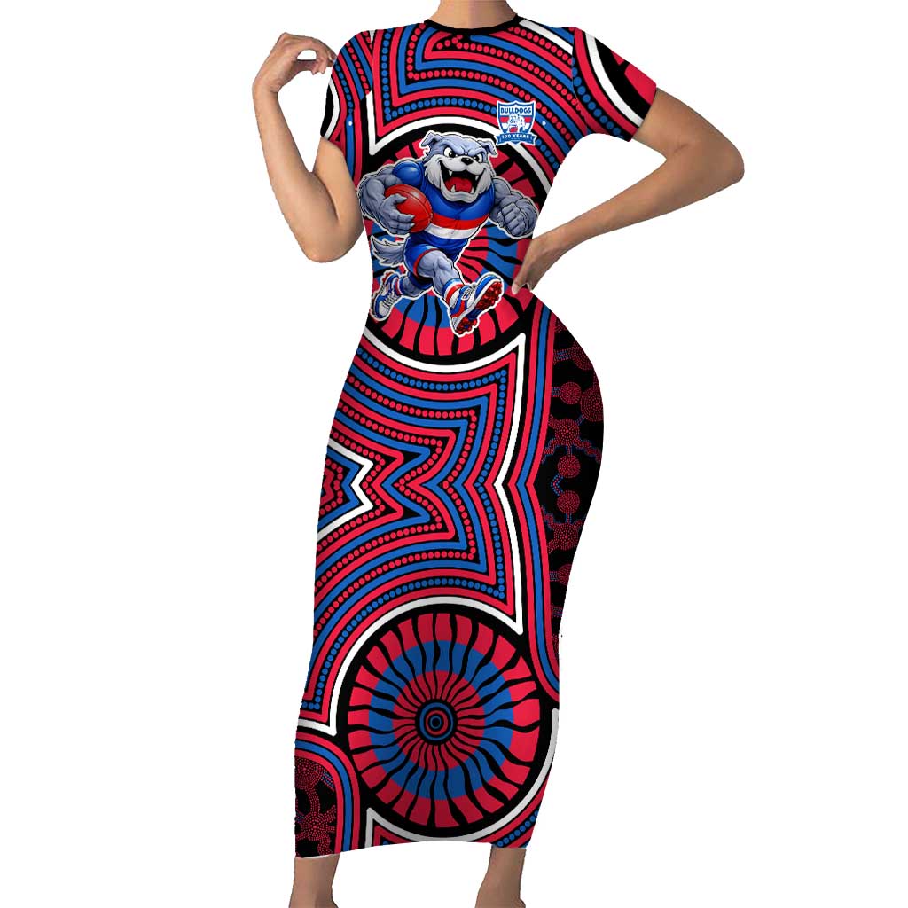 Western Bulldogs Short Sleeve Bodycon Dress Indigenous Monochrome Dot Art Mascot Style