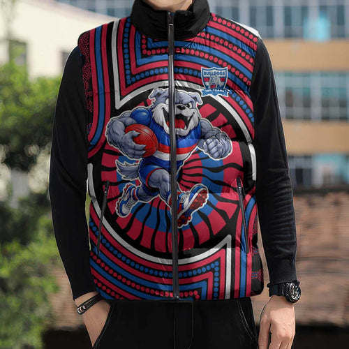 Western Bulldogs Sleeveless Puffer Jacket Indigenous Monochrome Dot Art Mascot Style