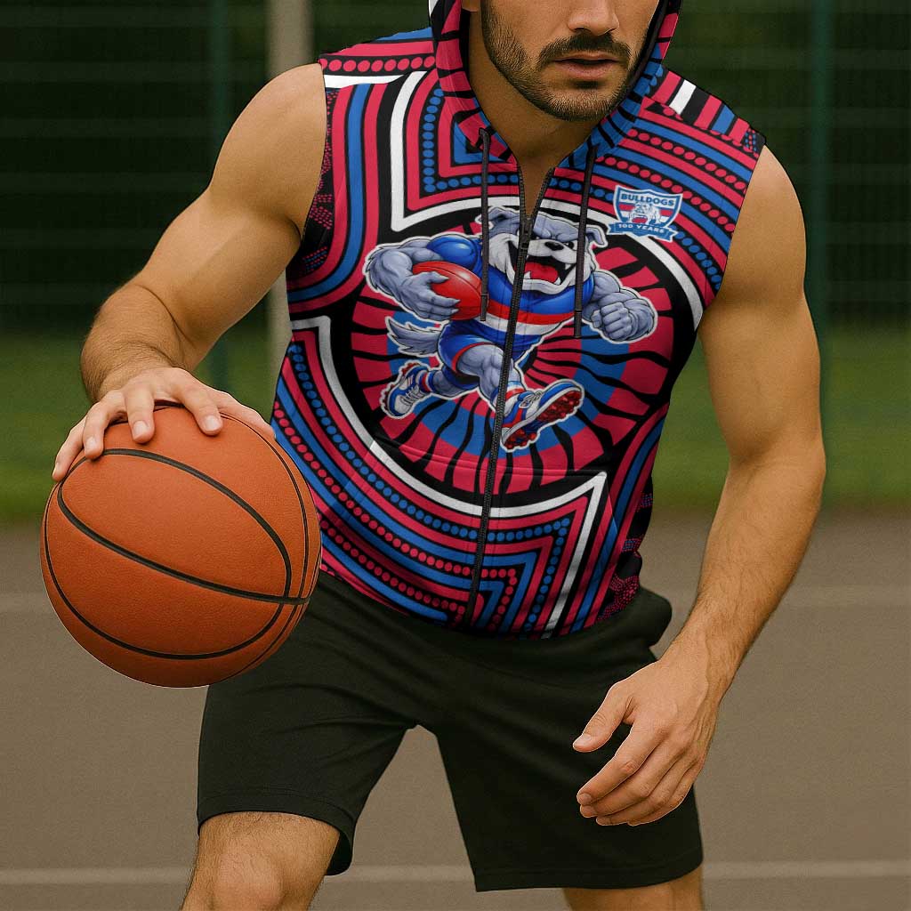 Western Bulldogs Sleeveless Zip Hoodie Indigenous Monochrome Dot Art Mascot Style