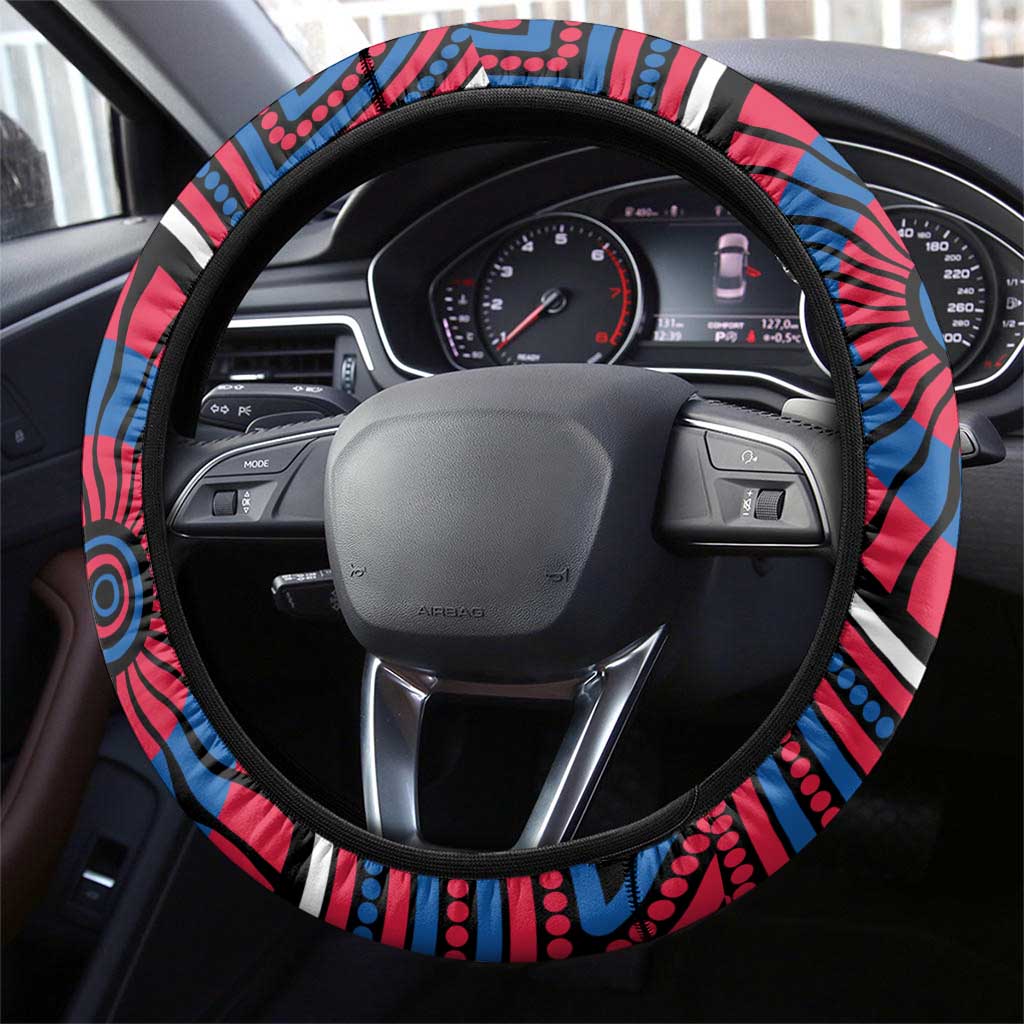 Western Bulldogs Steering Wheel Cover Indigenous Monochrome Dot Art Mascot Style