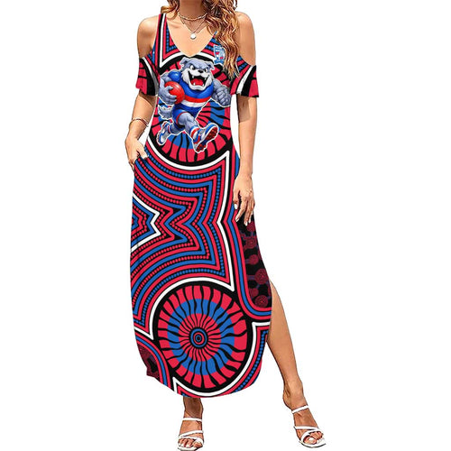 Western Bulldogs Summer Maxi Dress Indigenous Monochrome Dot Art Mascot Style