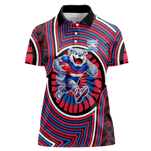 Western Bulldogs Women Polo Shirt Indigenous Monochrome Dot Art Mascot Style
