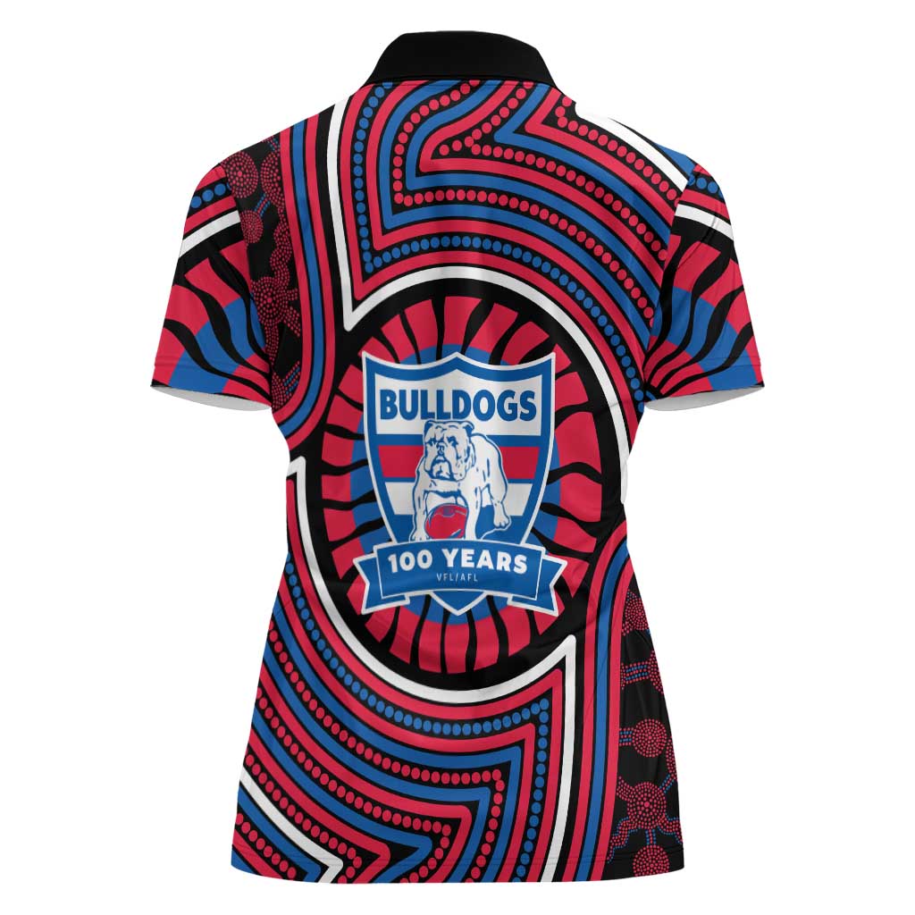 Western Bulldogs Women Polo Shirt Indigenous Monochrome Dot Art Mascot Style