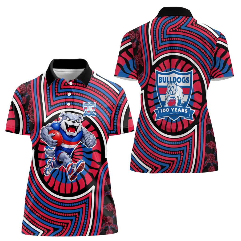 Western Bulldogs Women Polo Shirt Indigenous Monochrome Dot Art Mascot Style