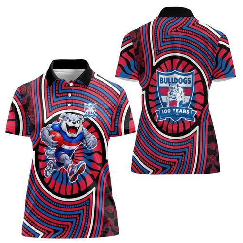 Western Bulldogs Women Polo Shirt Indigenous Monochrome Dot Art Mascot Style