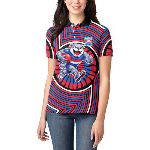 Western Bulldogs Women Polo Shirt Indigenous Monochrome Dot Art Mascot Style