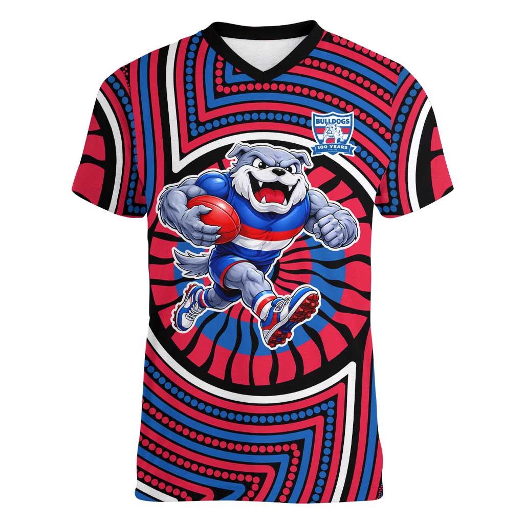 Western Bulldogs Women V-Neck T-Shirt Indigenous Monochrome Dot Art Mascot Style