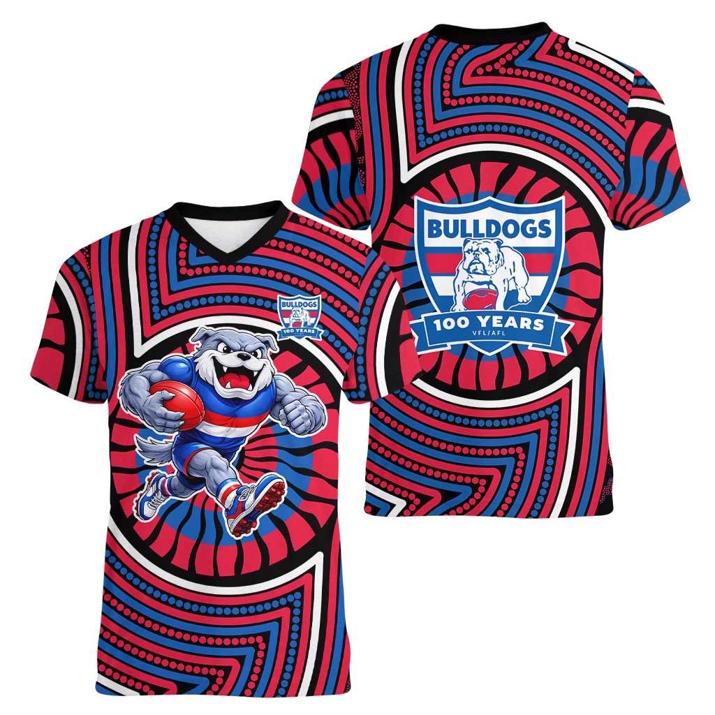 Western Bulldogs Women V-Neck T-Shirt Indigenous Monochrome Dot Art Mascot Style