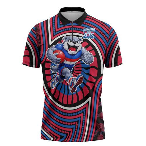 Western Bulldogs Zipper Polo Shirt Indigenous Monochrome Dot Art Mascot Style