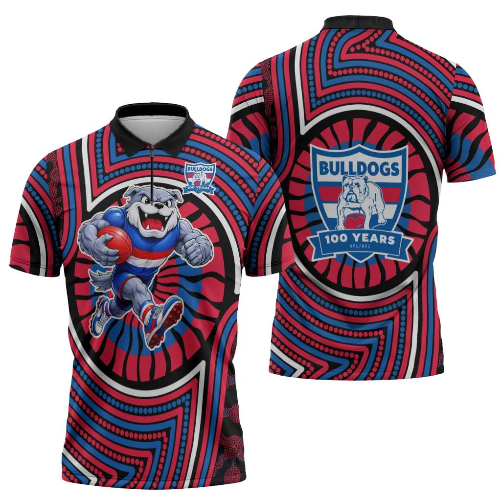 Western Bulldogs Zipper Polo Shirt Indigenous Monochrome Dot Art Mascot Style