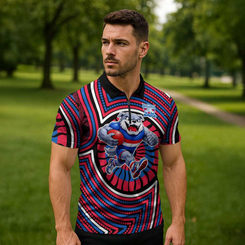 Western Bulldogs Zipper Polo Shirt Indigenous Monochrome Dot Art Mascot Style