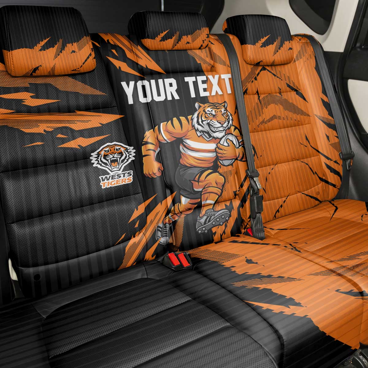 Personalized Wests Tigers Back Car Seat Cover Dynamic Lightning Mascot Rugby Australia