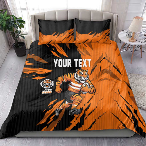 Personalized Wests Tigers Bedding Set Dynamic Lightning Mascot Rugby Australia