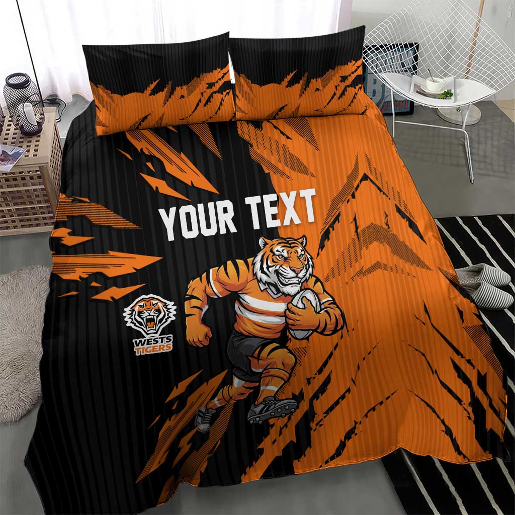 Personalized Wests Tigers Bedding Set Dynamic Lightning Mascot Rugby Australia