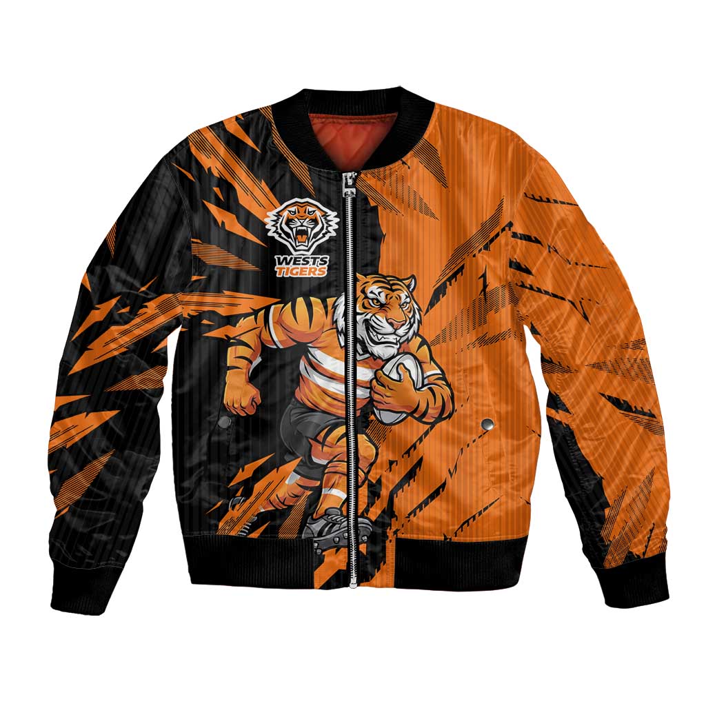 Personalized Wests Tigers Bomber Jacket Dynamic Lightning Mascot Rugby Australia