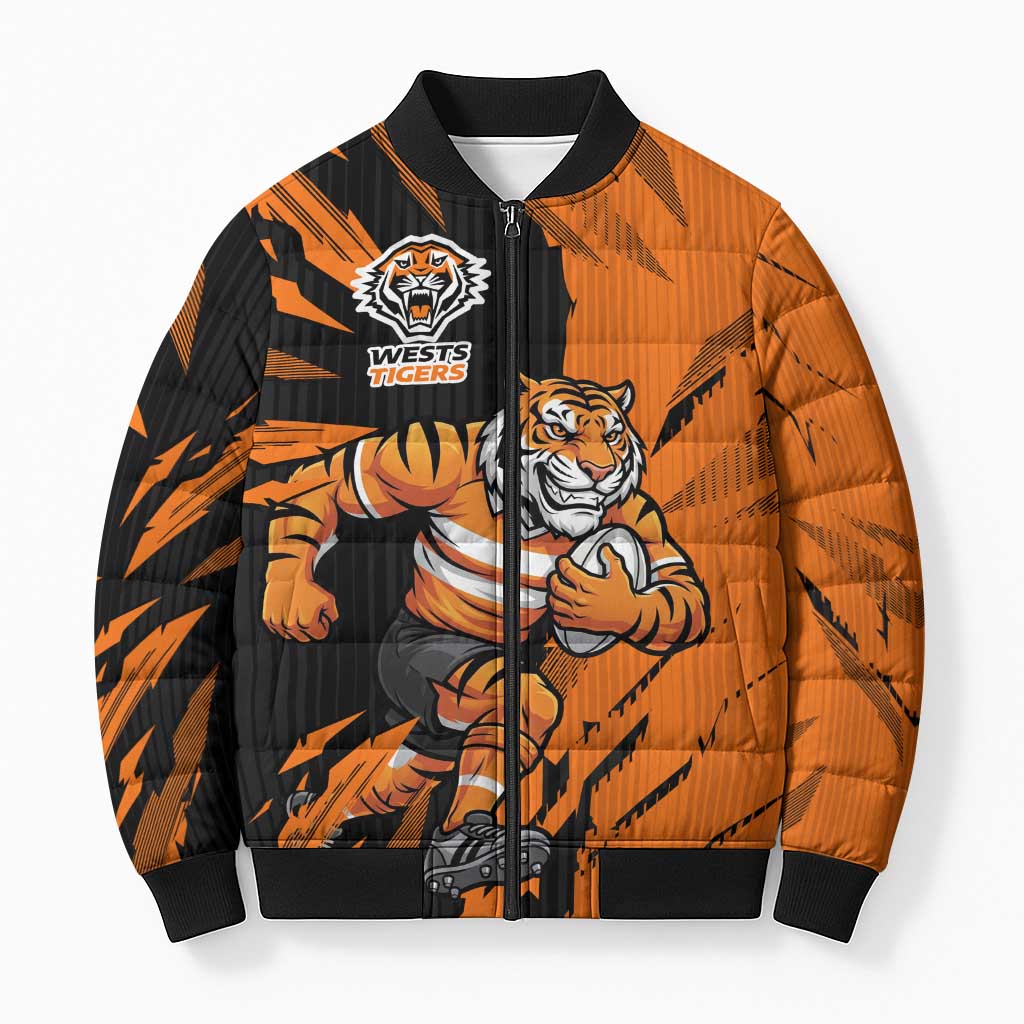 Personalized Wests Tigers Bomber Puffer Jacket Dynamic Lightning Mascot Rugby Australia