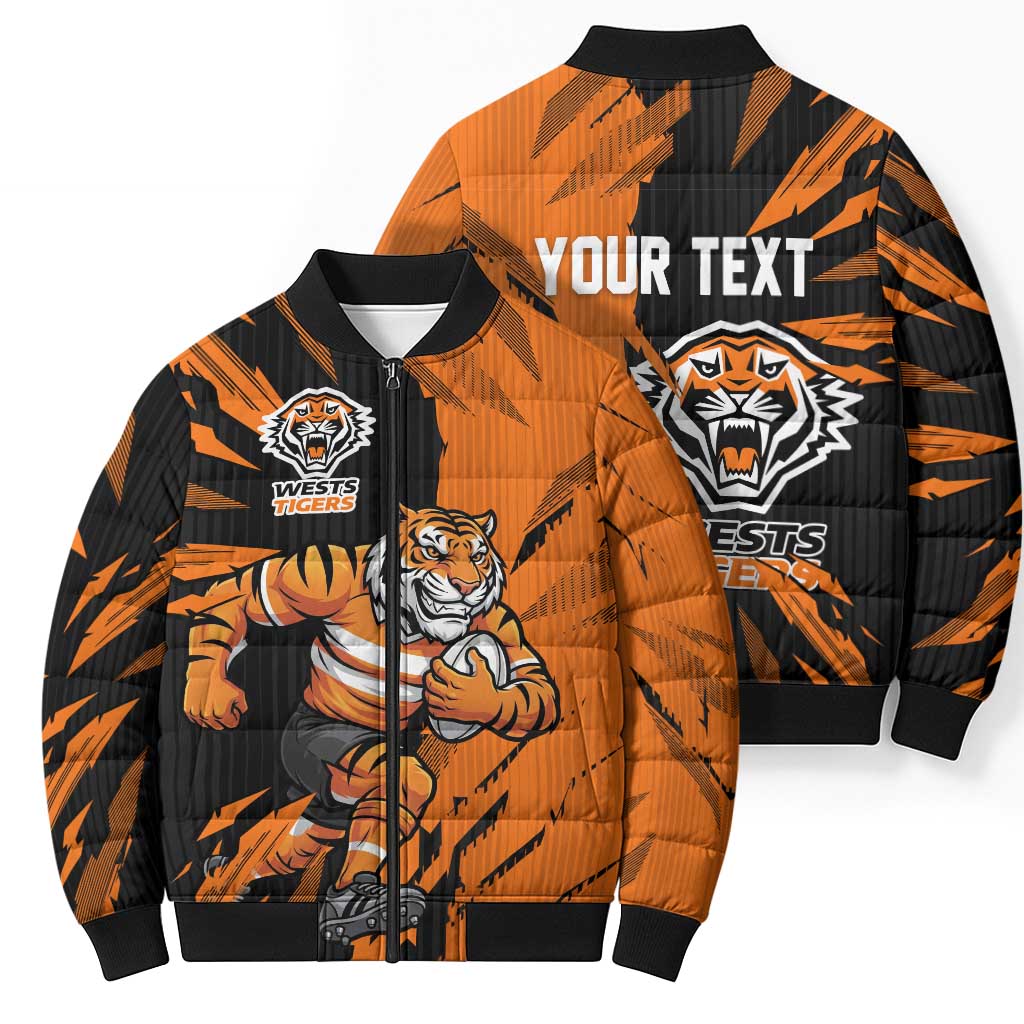 Personalized Wests Tigers Bomber Puffer Jacket Dynamic Lightning Mascot Rugby Australia
