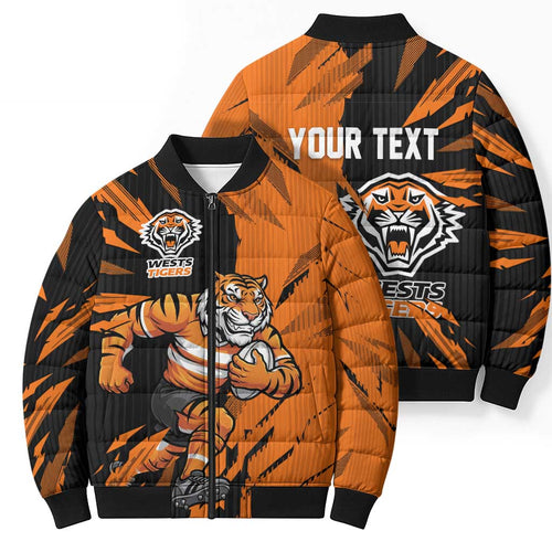Personalized Wests Tigers Bomber Puffer Jacket Dynamic Lightning Mascot Rugby Australia