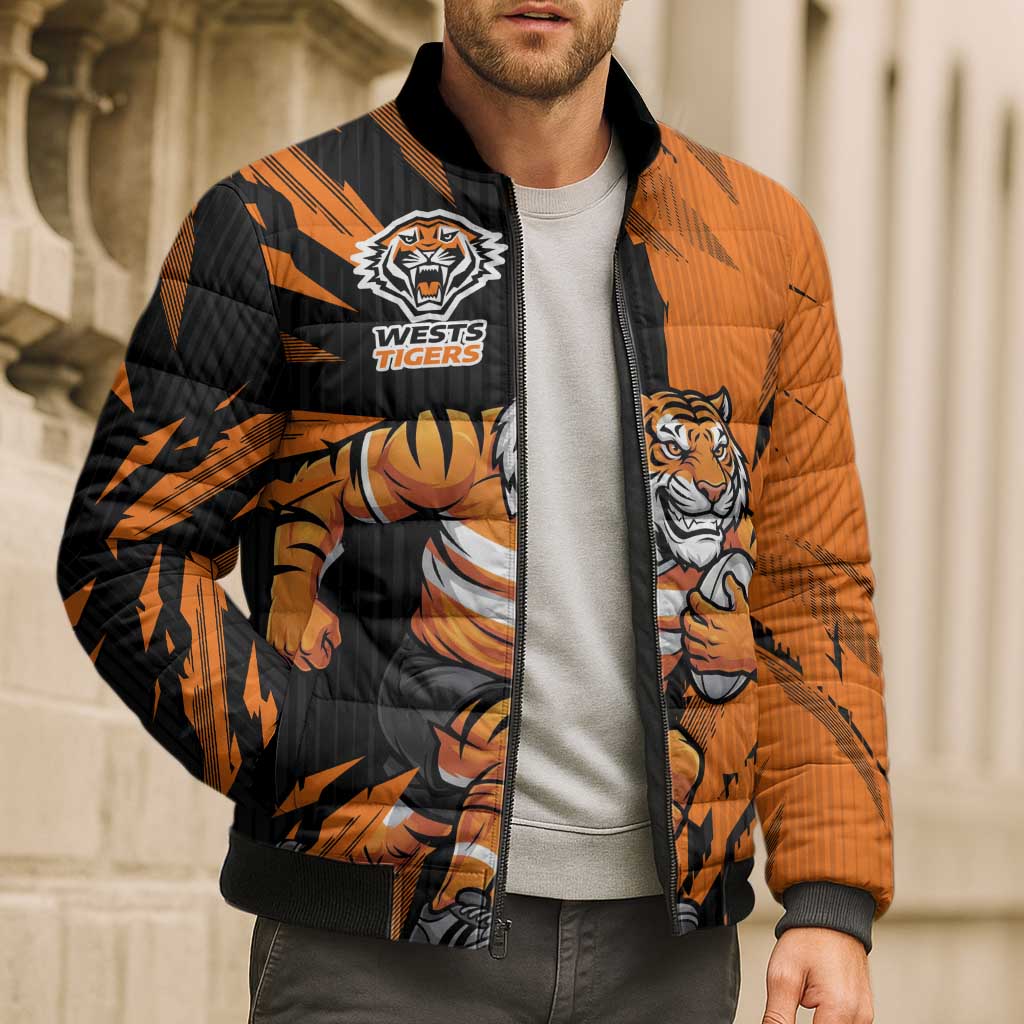 Personalized Wests Tigers Bomber Puffer Jacket Dynamic Lightning Mascot Rugby Australia