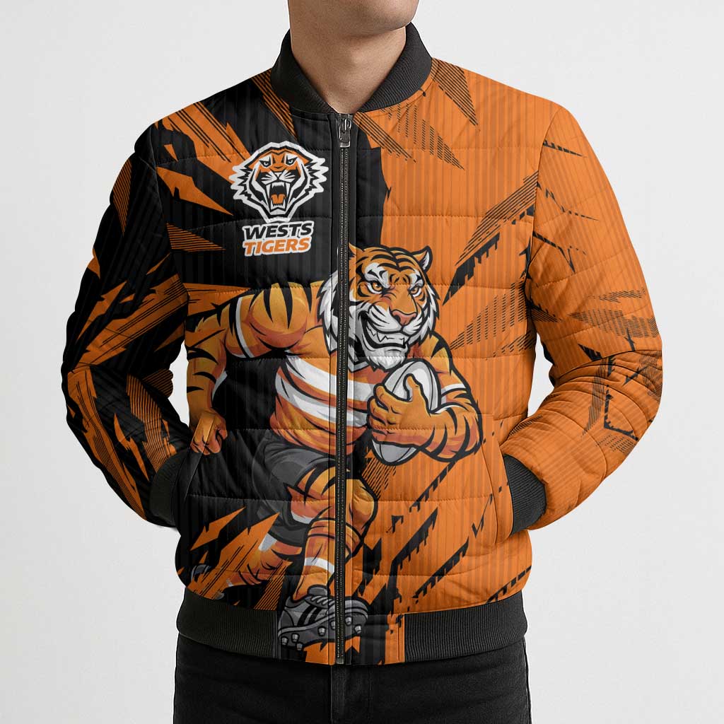 Personalized Wests Tigers Bomber Puffer Jacket Dynamic Lightning Mascot Rugby Australia