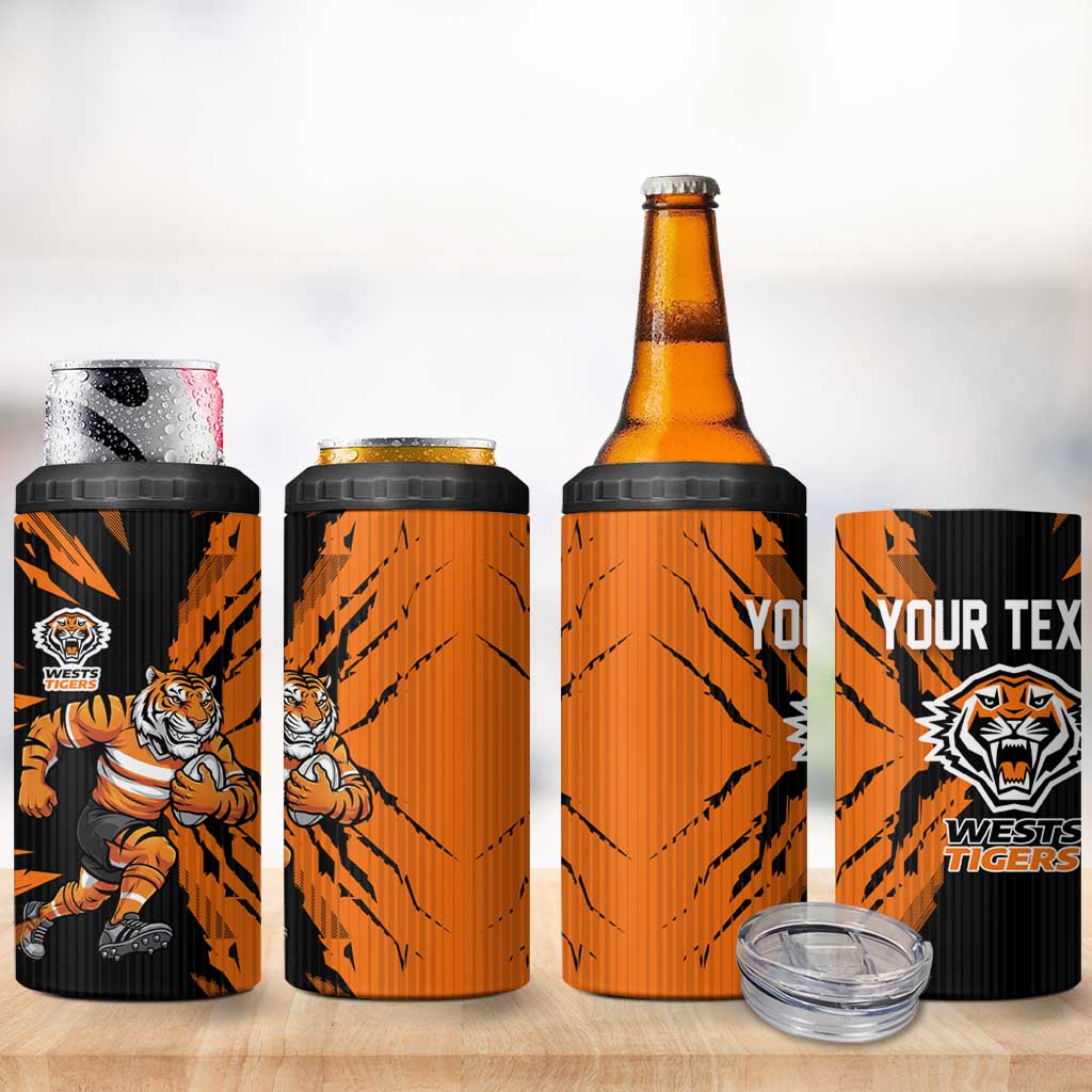 Personalized Wests Tigers 4 in 1 Can Cooler Tumbler Dynamic Lightning Mascot Rugby Australia