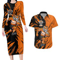 Personalized Wests Tigers Couples Matching Long Sleeve Bodycon Dress and Hawaiian Shirt Dynamic Lightning Mascot Rugby Australia