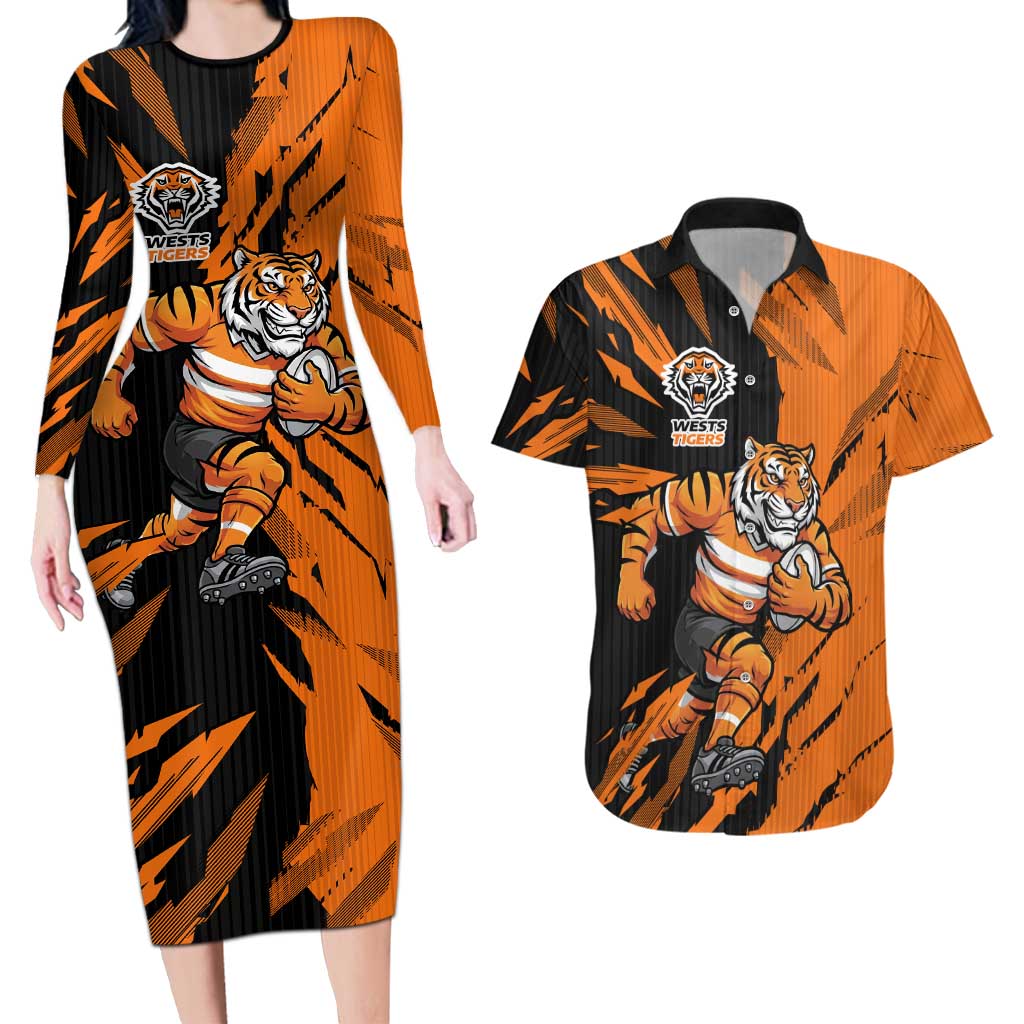 Personalized Wests Tigers Couples Matching Long Sleeve Bodycon Dress and Hawaiian Shirt Dynamic Lightning Mascot Rugby Australia