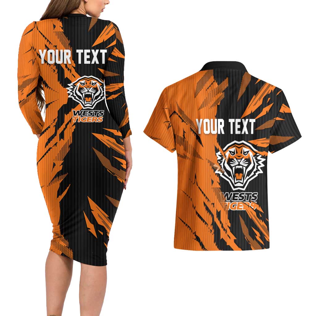 Personalized Wests Tigers Couples Matching Long Sleeve Bodycon Dress and Hawaiian Shirt Dynamic Lightning Mascot Rugby Australia