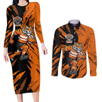 Personalized Wests Tigers Couples Matching Long Sleeve Bodycon Dress and Long Sleeve Button Shirt Dynamic Lightning Mascot Rugby Australia