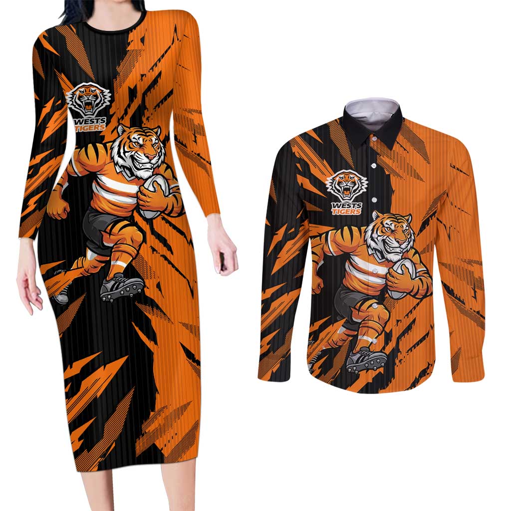 Personalized Wests Tigers Couples Matching Long Sleeve Bodycon Dress and Long Sleeve Button Shirt Dynamic Lightning Mascot Rugby Australia