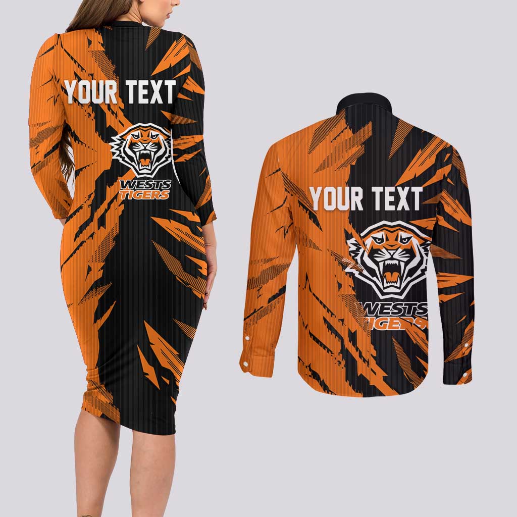 Personalized Wests Tigers Couples Matching Long Sleeve Bodycon Dress and Long Sleeve Button Shirt Dynamic Lightning Mascot Rugby Australia