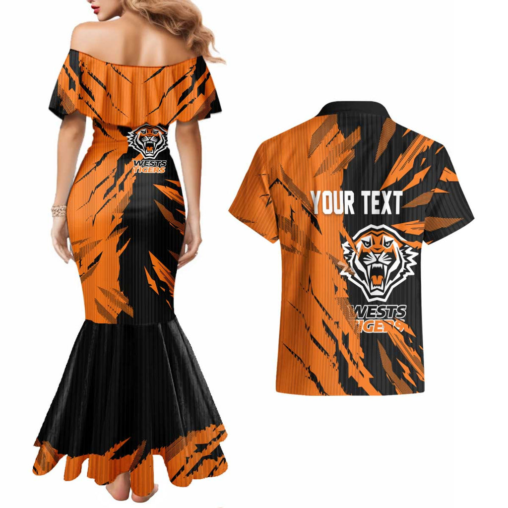 Personalized Wests Tigers Couples Matching Mermaid Dress and Hawaiian Shirt Dynamic Lightning Mascot Rugby Australia