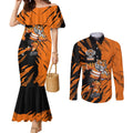 Personalized Wests Tigers Couples Matching Mermaid Dress and Long Sleeve Button Shirt Dynamic Lightning Mascot Rugby Australia