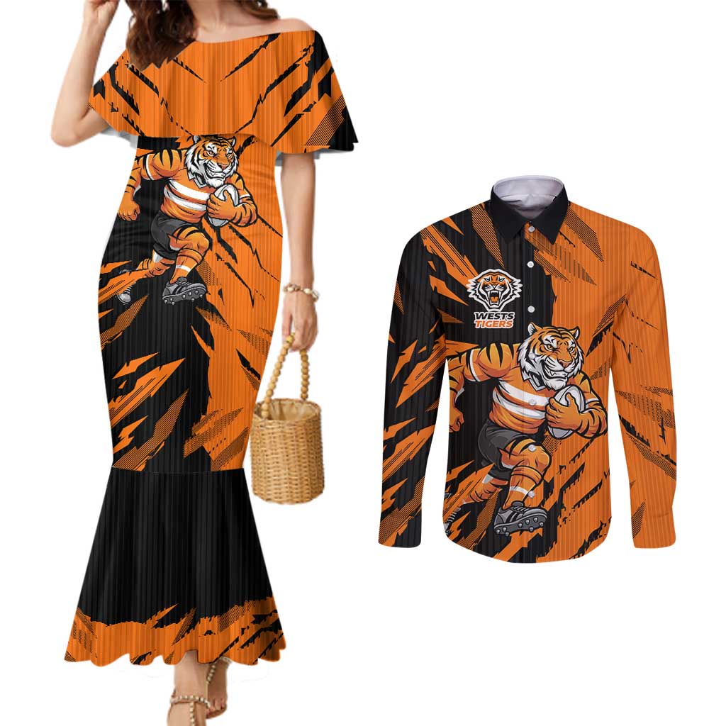Personalized Wests Tigers Couples Matching Mermaid Dress and Long Sleeve Button Shirt Dynamic Lightning Mascot Rugby Australia