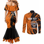 Personalized Wests Tigers Couples Matching Mermaid Dress and Long Sleeve Button Shirt Dynamic Lightning Mascot Rugby Australia