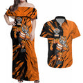 Personalized Wests Tigers Couples Matching Off Shoulder Maxi Dress and Hawaiian Shirt Dynamic Lightning Mascot Rugby Australia