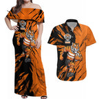 Personalized Wests Tigers Couples Matching Off Shoulder Maxi Dress and Hawaiian Shirt Dynamic Lightning Mascot Rugby Australia