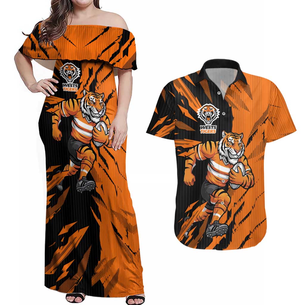 Personalized Wests Tigers Couples Matching Off Shoulder Maxi Dress and Hawaiian Shirt Dynamic Lightning Mascot Rugby Australia