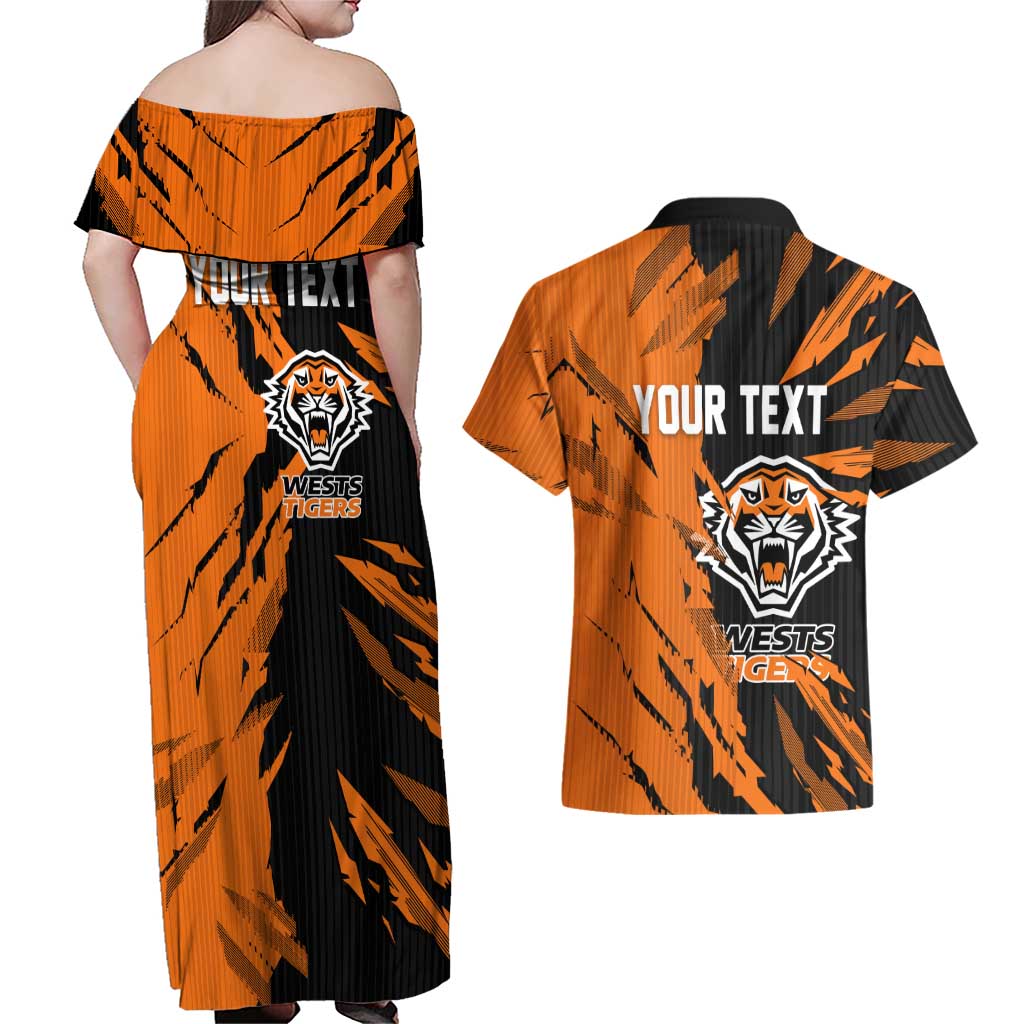 Personalized Wests Tigers Couples Matching Off Shoulder Maxi Dress and Hawaiian Shirt Dynamic Lightning Mascot Rugby Australia